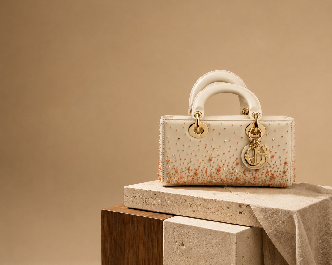 Bolsa Christian Dior Small Lady D-Joy, couro marfim bordado com micro-pérolas e ferragem dourada
